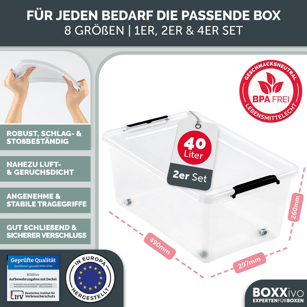 AUFBEWAHRUNGSBOXEN mit Deckel 40l im 2er Set - Transparent, Kunststoff (39/26/58cm) - BOXXivo