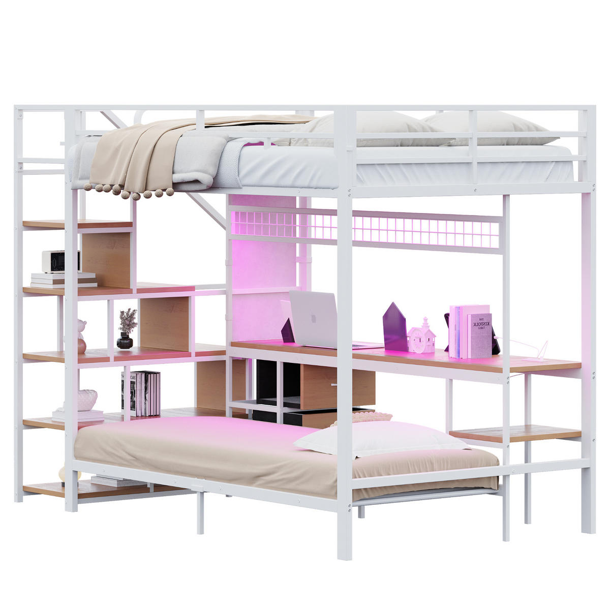 HOCHBETT 140/200 cm weiß aus Metall und Holz mit Schreibtisch LED und Steckdosen - Weiß, Metall (140/200cm) - OKWISH