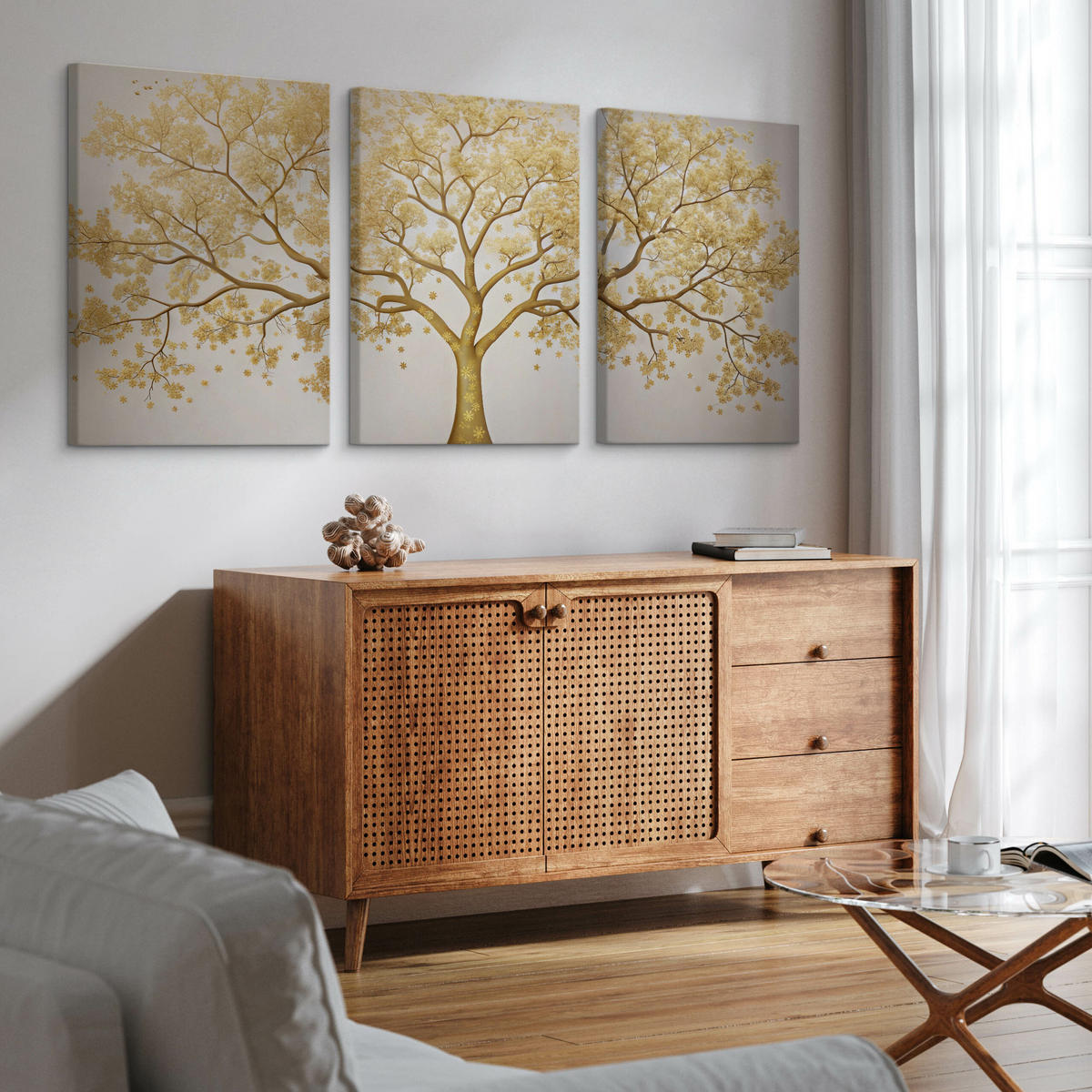 LEINWANDBILDER 3-es Set Baum Abstraktion - Beige/Weiß, Textil (90/40cm) - Muralo