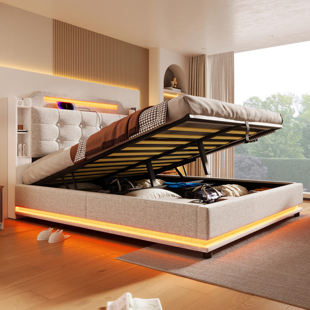 POLSTERBETT 140x200cm Beige Leinen LED-Licht Hydraulik USB-C - Beige, Holz (140/200cm) - FLIEKS