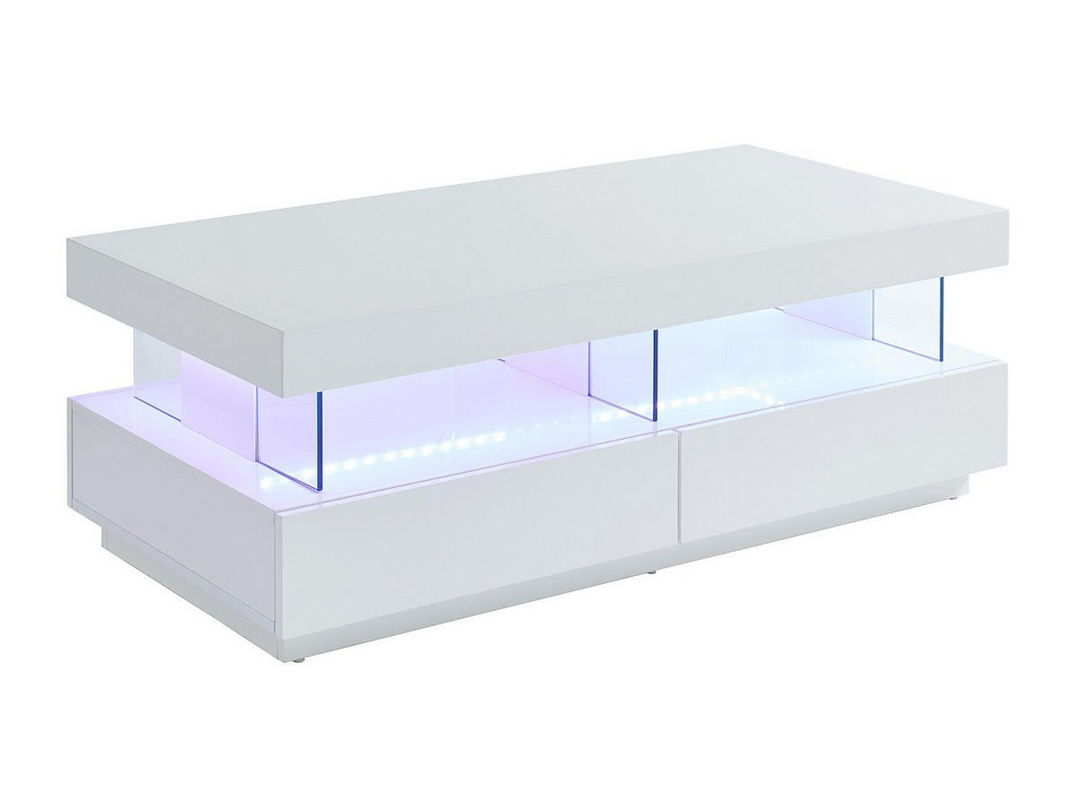 COUCHTISCH mit 2 Schubladen & 2 Ablagen + LEDs - MDF lackiert - Weiß - FABIO - Weiß, Holz (120/60/42cm) - Vente-Unique