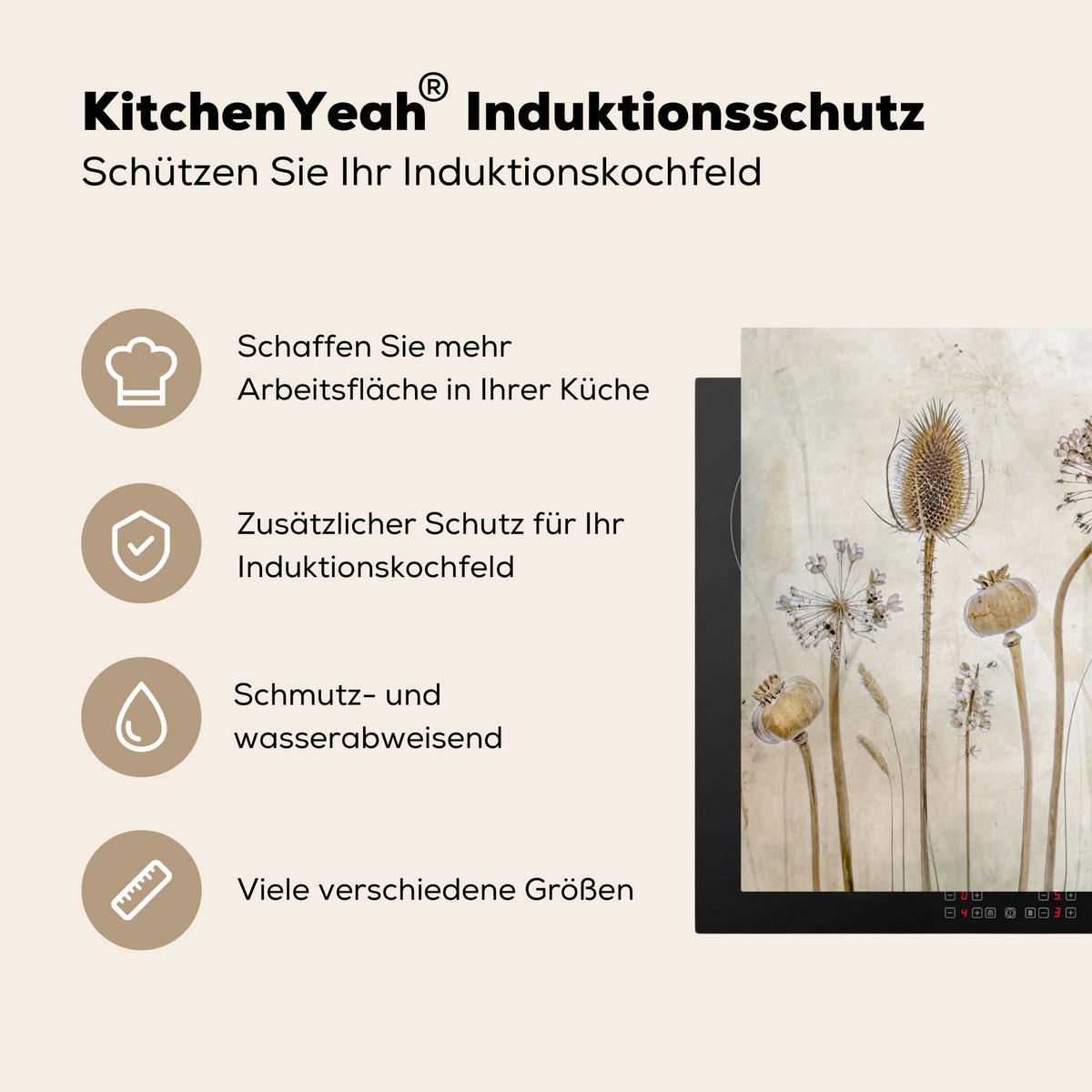 HERDABDECKPLATTE Blumen - Aquarell - Stilleben - Braun - Vintage 59x52 cm - Sandfarben, Kunststoff (59/52/0.2cm) - MuchoWow