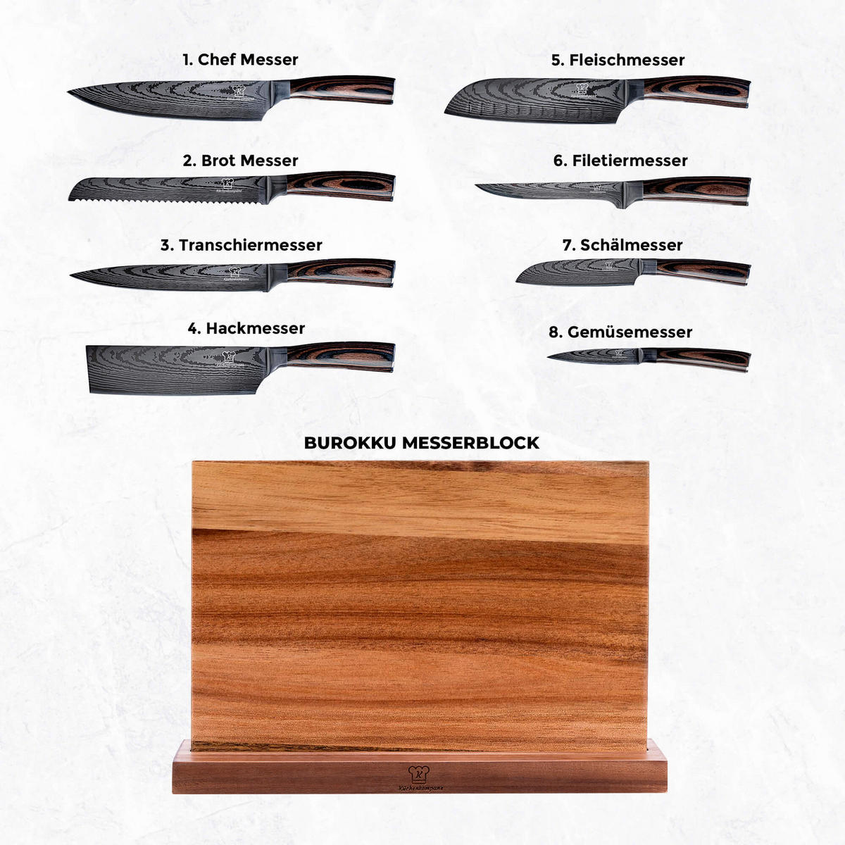 MESSER-SET 9-tlg. mit magnetischem Holz-Messerblock und Edelstahlklingen - Braun, Holz - Küchenkompane