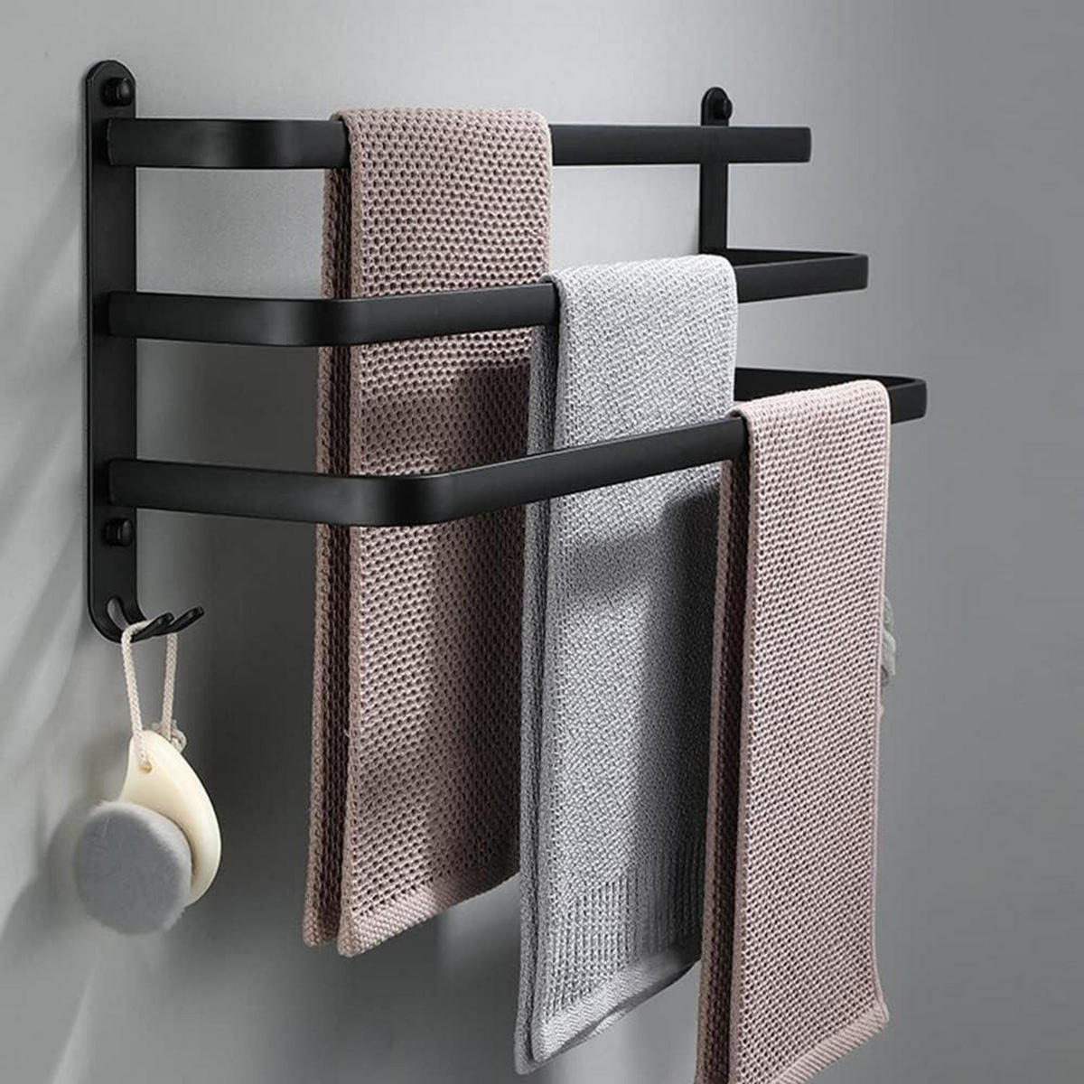 HANDTUCHHALTER Aluminium 3-Stöckig Wandmontage Schwarz 70 cm - Schwarz, Metall (20/40/80cm)