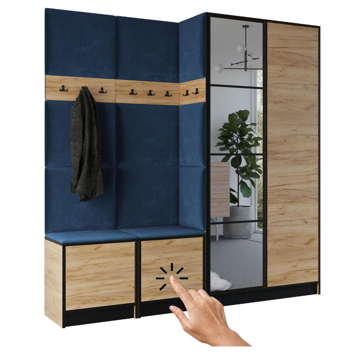 GARDEROBENSCHRANK EDEN 21 mit Spiegel - Eiche Craft Gold & Stoff Blau - Honigeiche/Blau, Holzwerkstoff (211/205/39cm) - Kier Furniture