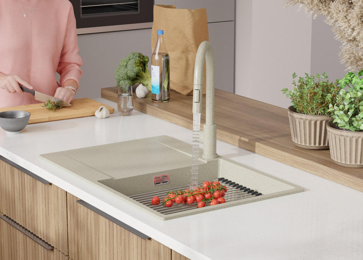 SPÜLBECKEN San Francisco, 2-er set Beige 78/50 cm 1 Becken + Ablauf-Set + Aufrollbare Abtropffläche ab 50er Unterschrank - Chromfarben/Beige, Kunststoff (78/20/50cm) - Primagran