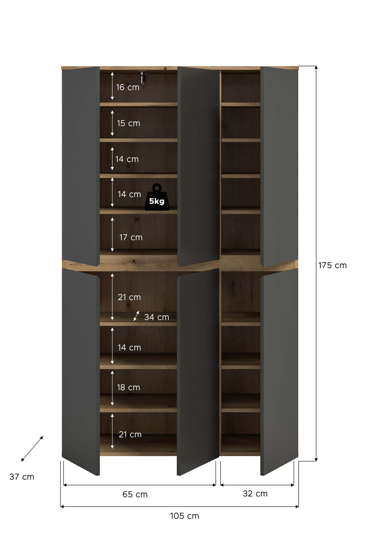 UNIVERSALSCHRANK SCARPA (B/H/T: ca. 105/175/37 cm) in Evoke Oak Nachbildung/anthrazit - Eichefarben, Holzwerkstoff (105/175/37cm)