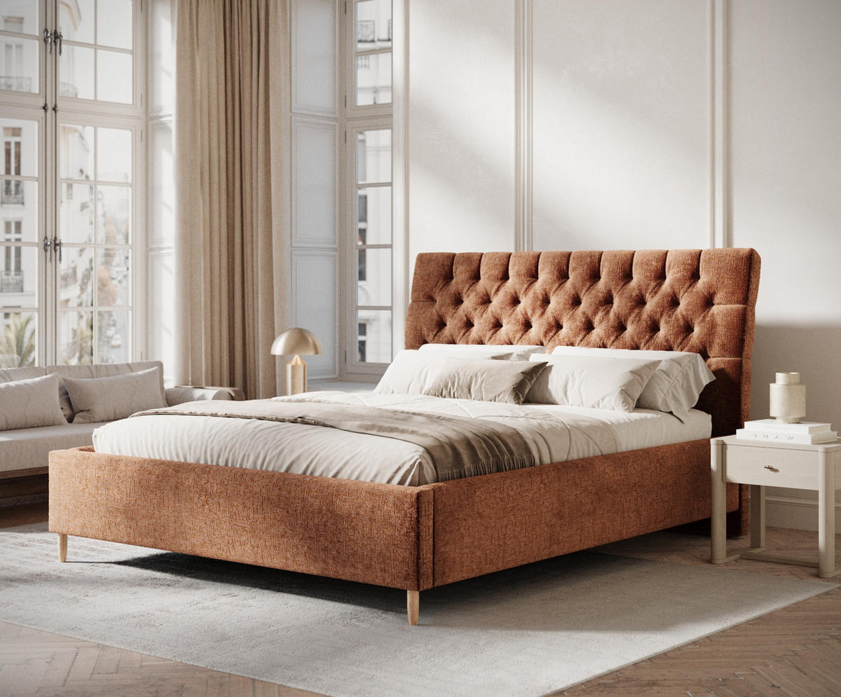 POLSTERBETT Vezzola Dunkelorange 180/200 cm im Chenille-Stoff - Dunkelorange/Naturfarben, Holz/Holzwerkstoff (180/200cm) - Maison de Reve
