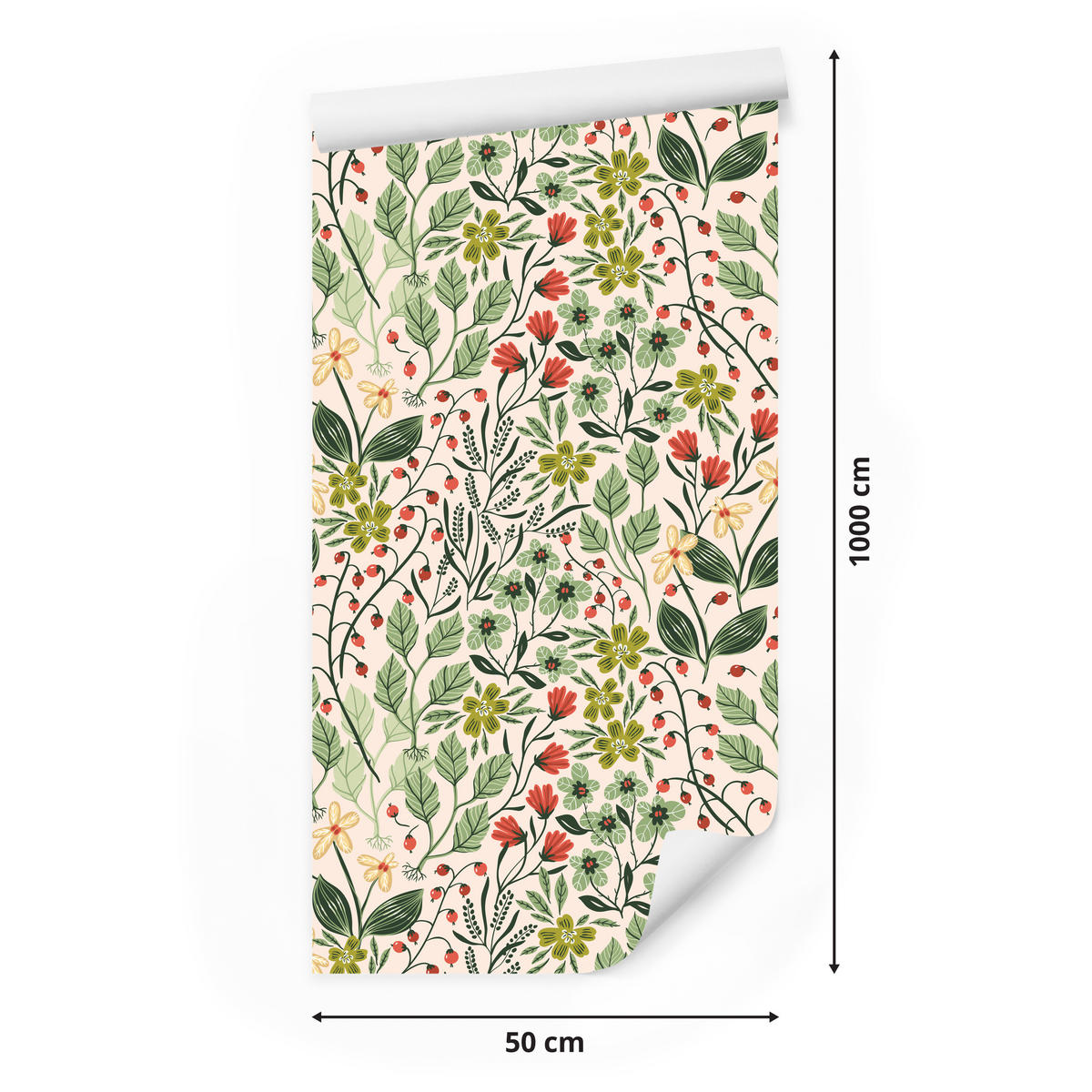 VLIESTAPETE Wildblumen, Blätter und Früchte – Grün, Rosa, Creme – 50x1000 cm - Creme/Rosa, Papier (50/1000cm) - Muralo