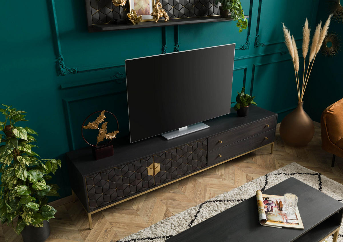 TV-BOARD Mango 220x45x50 grau geölt DIAMOND #123 - Grau, Holz (220/50/45cm) - Massivmoebel24