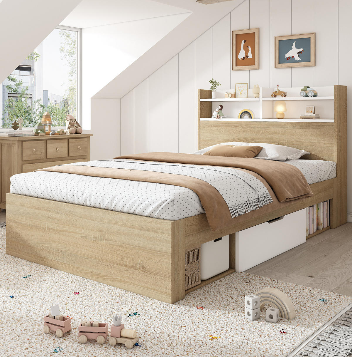 EINZELBETT 90/190 cm Weiß aus Massivholz mit Stauraum und Kopfteilablage - Weiß, Holzwerkstoff (90/190cm) - OKWISH