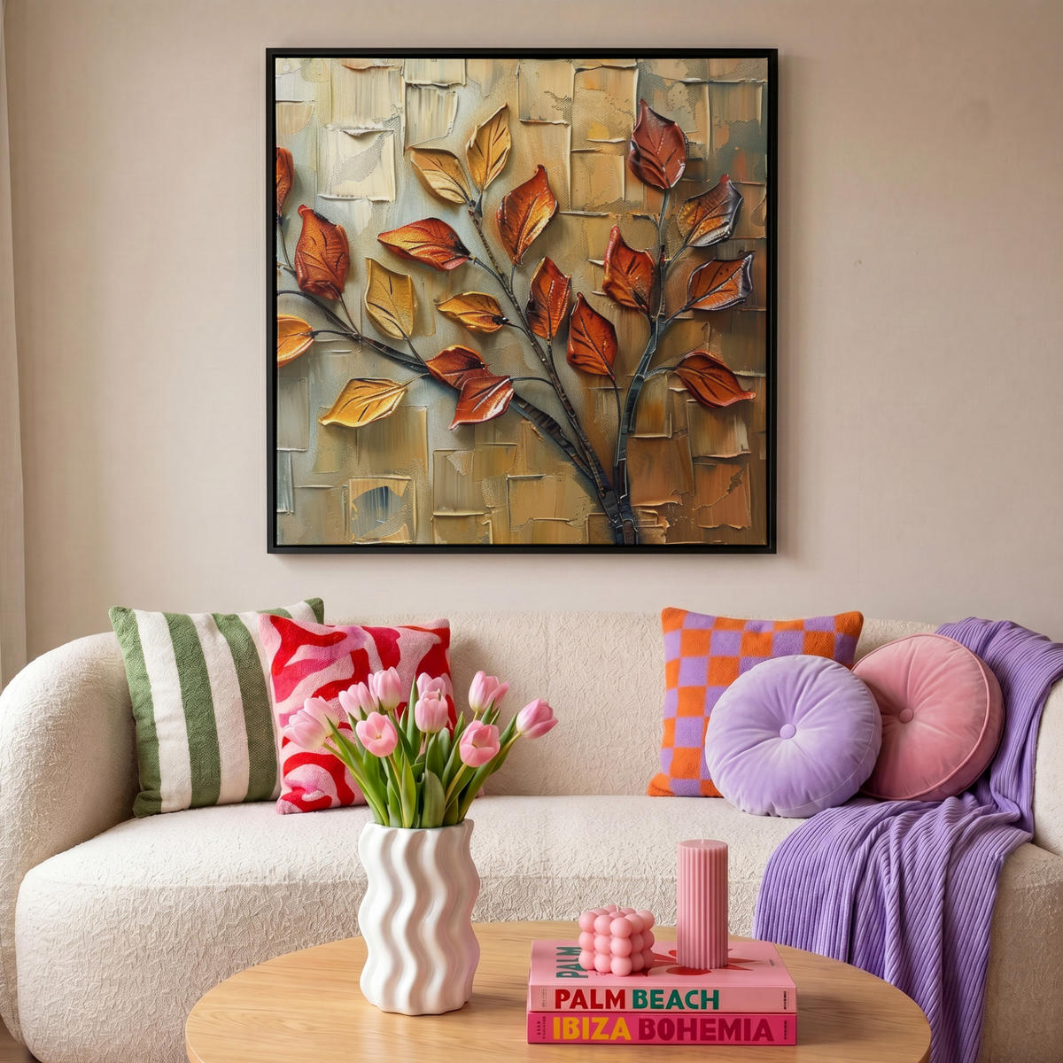 LEINWAND Bilder mit Rahmen - Baum - Abstrakt - Natur - Kunst - 90x90 - Goldfarben, Textil (90/90cm) - MuchoWow