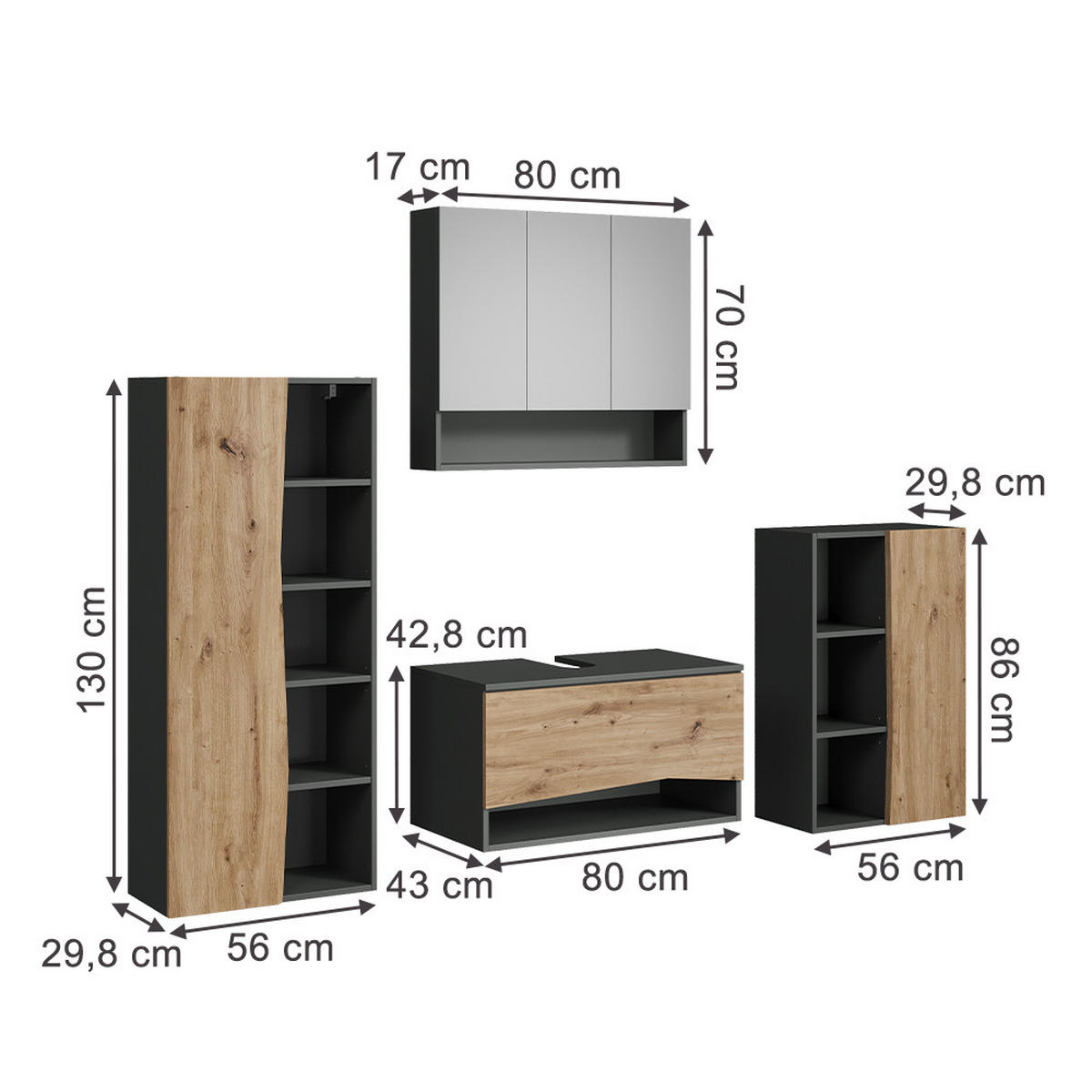 BADMÖBEL-SET Willow Artisan 4 Teile - Anthrazit/Hellgrau, Holzwerkstoff (80/42.8/43cm) - Vicco