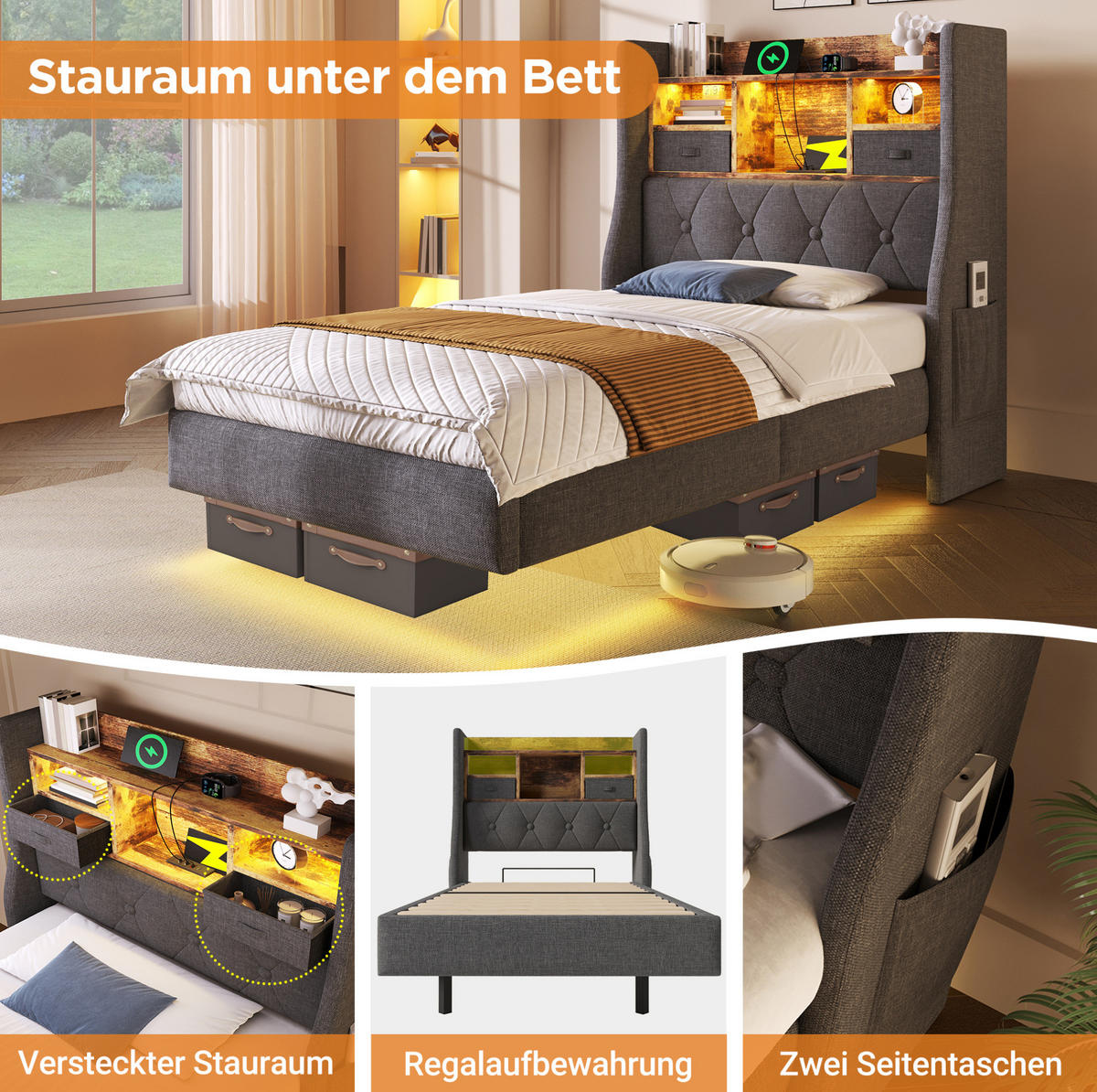 POLSTERBETT mit LED-Beleuchtung 140/200 cm mit Ladestation und gepolstertem Kopfteil - Grau, Textil (140/200cm) - BEAOK