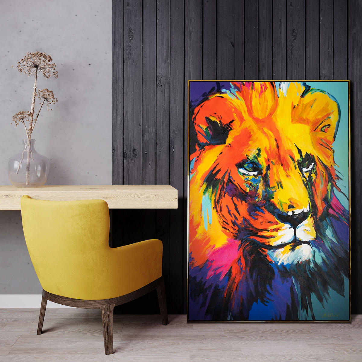 GEMÄLDE Löwengrazie Schattenfugenrahmen Gold 120x80 cm - Goldfarben, Holz (120/80cm) - YS-art gallery