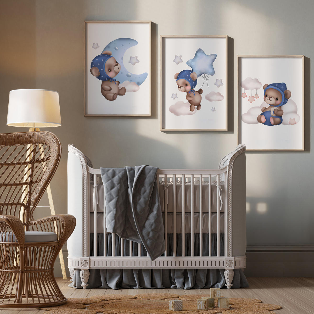 SADA PLAGÁTOV Do Detskej Izby Mackovia Balóny Hviezdy Oblaky 3x Plagát A3 30 x 42 cm - hnedá/biela, papier (30/42/1cm) - Muralo