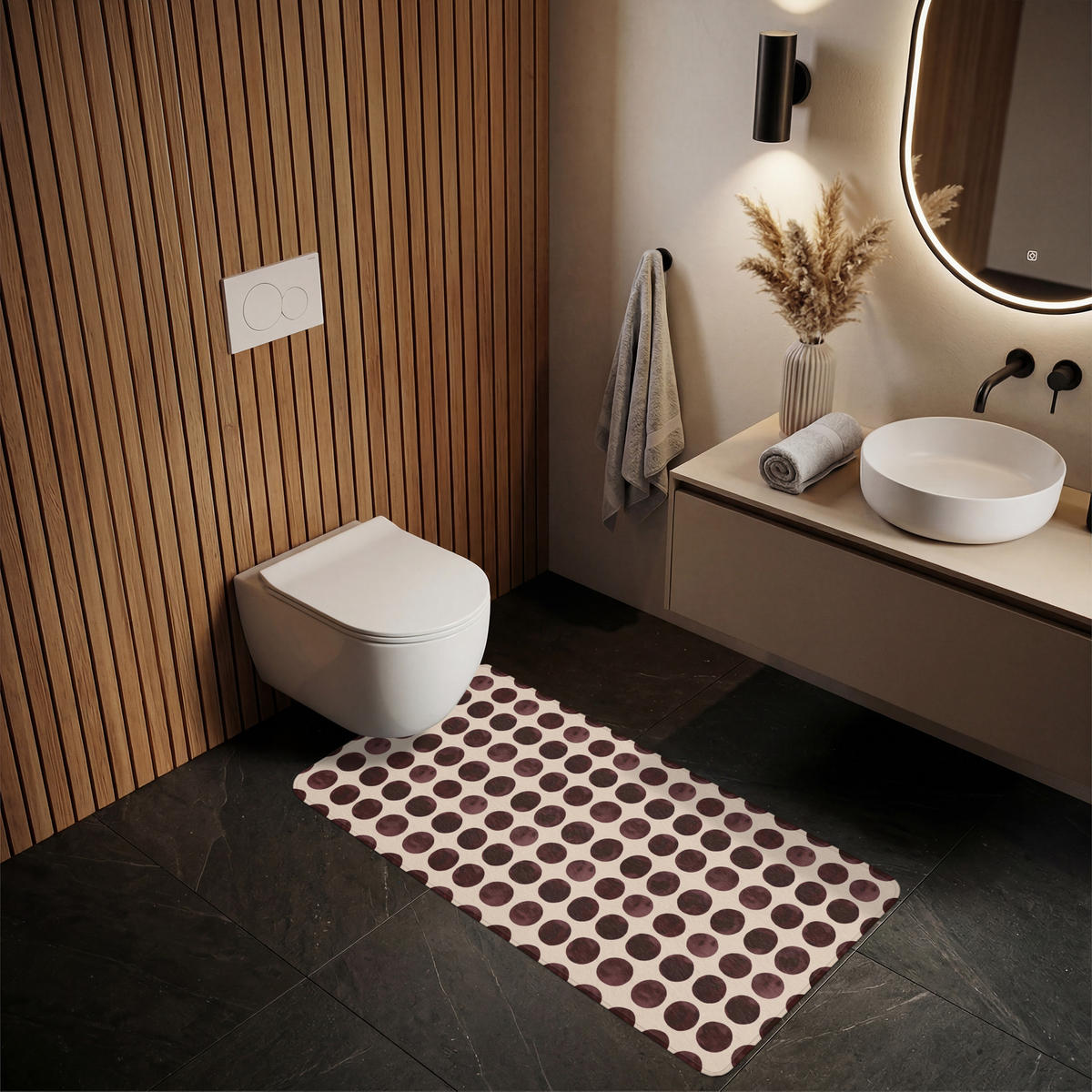 KOUPELNOVÁ PŘEDLOŽKA Puntíky - Vzor - Hnědý 60x120 cm - bordeaux, textil/plast (60/120cm)