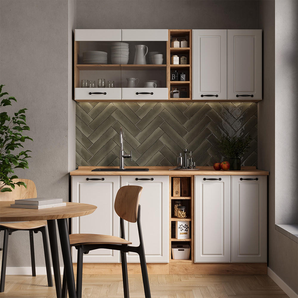 SINGLEKÜCHE R-Line Weiß Landhaus/Goldkraft Eiche 160 cm ohne Arbeitsplatte - Eiche Wotan/Creme, Holzwerkstoff (160/81.6/46cm) - Vicco