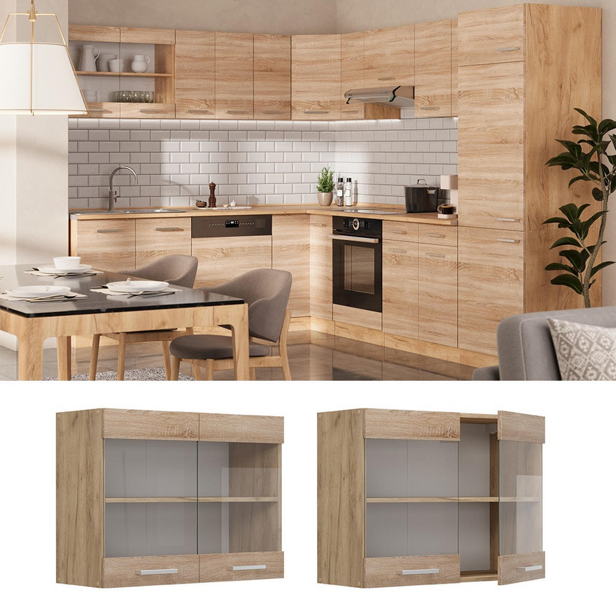 DULAP DIN STICLĂ DE BUCĂTĂRIE R-Line Sonoma 80 cm - stejar miere/stejar Sonoma, compozit lemnos (80/60/31cm) - Vicco