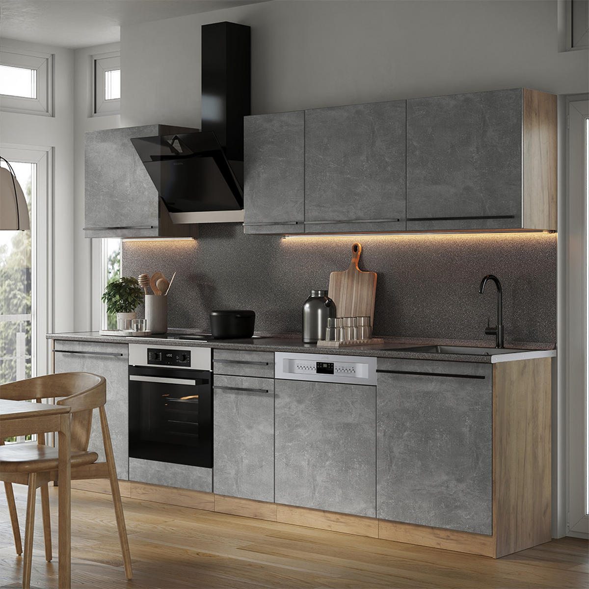 KÜCHENZEILE R-Line, Beton/Goldkraft Eiche, 280 cm Arbeitsplatte Goldkraft Eiche - Honigeiche/Grau, Holzwerkstoff (280/206.8/60cm) - Vicco