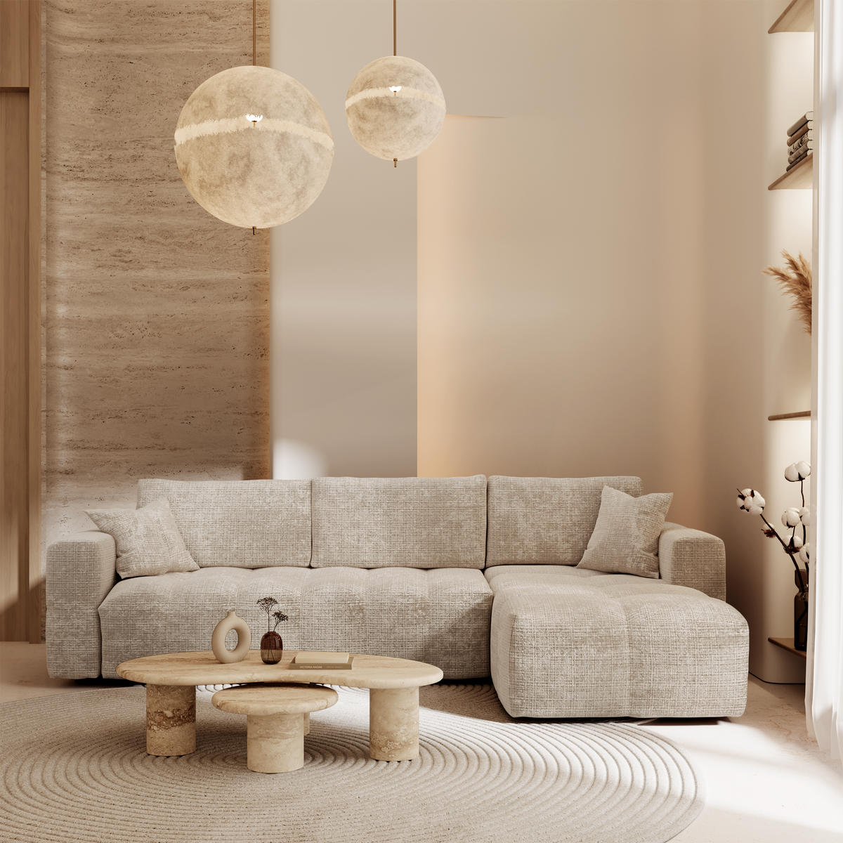 ECKSOFA rechtwinklig VIBE Geprägter Samt Beige 286cm - Beige, Textil (286/165cm) - Premium Interiors