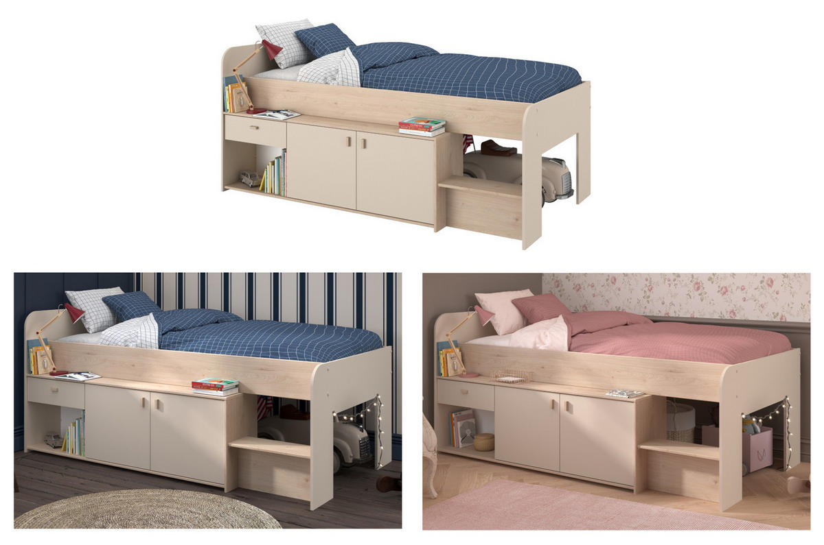 HOCHBETT Kaschmir, Jackson Eiche, Stauraumbett Bett 90 x 200 cm - Kaschmir/Eichefarben, Holzwerkstoff/Kunststoff (90/200cm) - Parisot Meuble