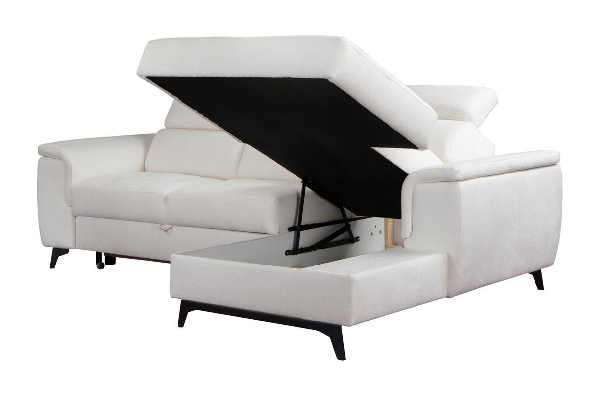 ECKSOFA VOLA Weiß Velours-Stoff mit Schlaffunktion - Weiß, Holz (270/175cm) - MASSENO