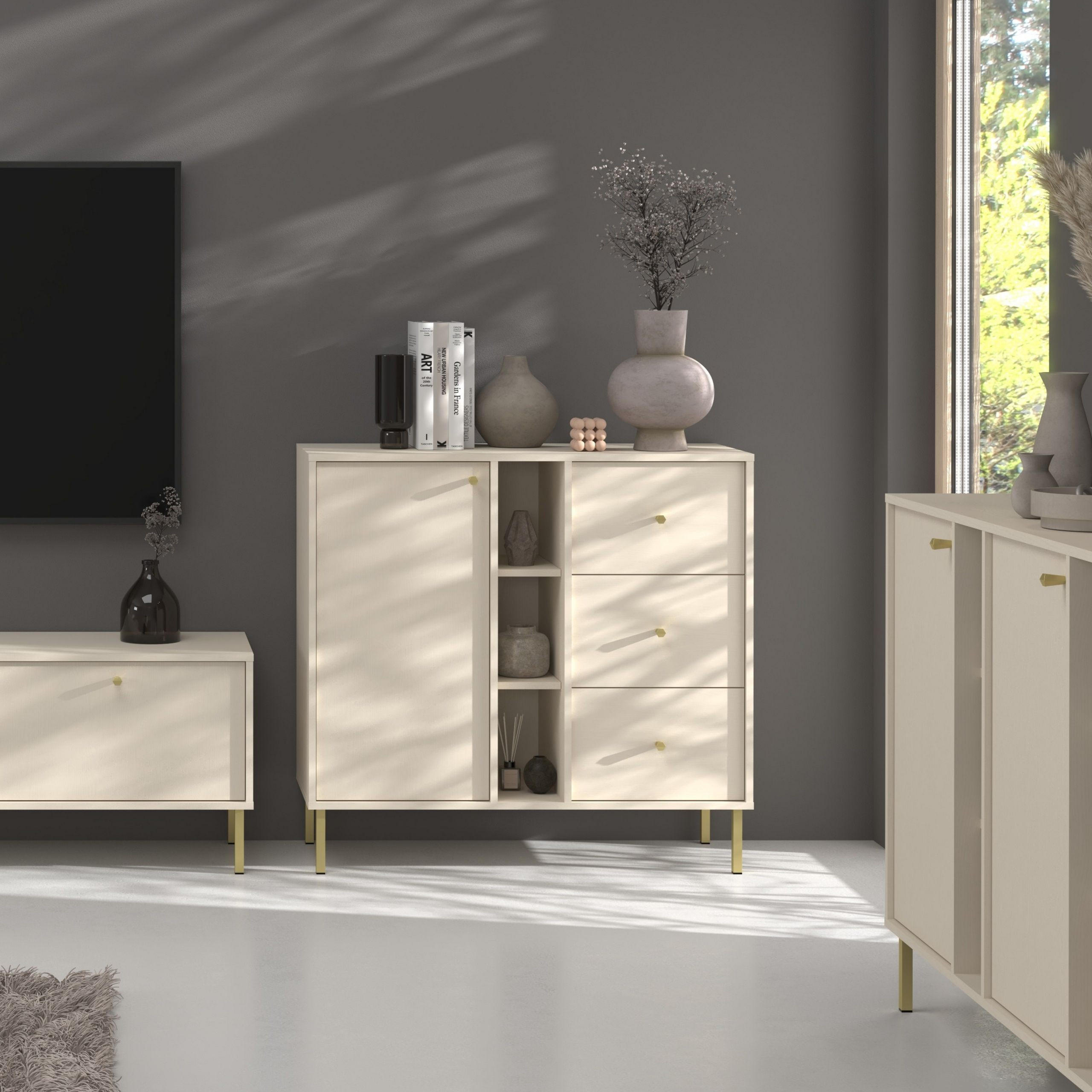 KOMMODE TORINO 100/95/41 cm mit 3 Schubladen 1 Türen Beige - Beige, Holzwerkstoff (100/95/41cm) - MASSENO