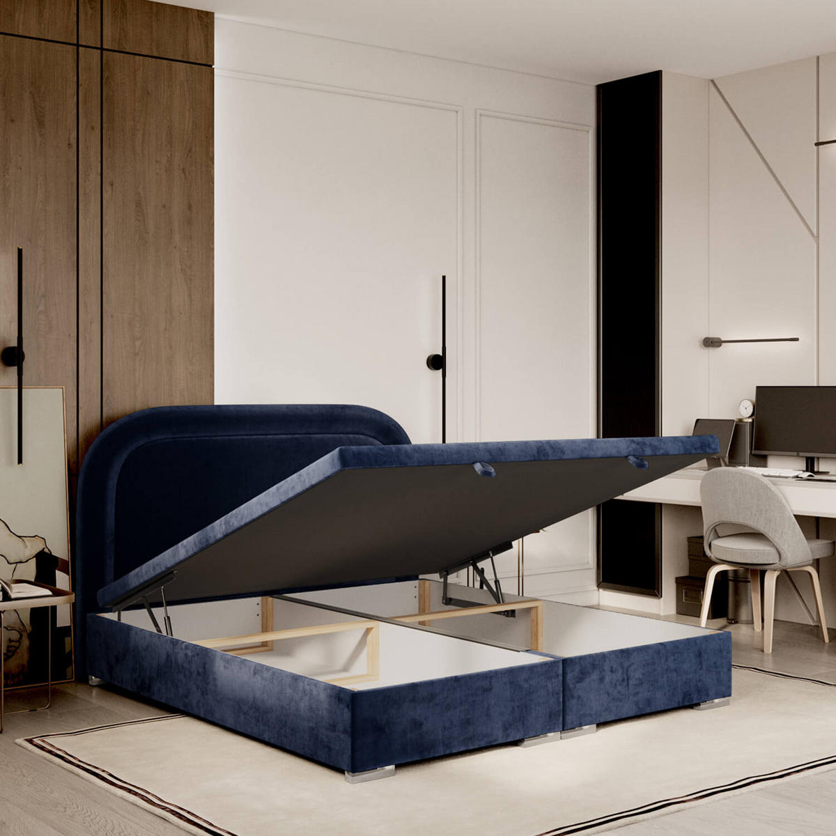 POLSTERBETT Harmony mit Stauraum 140/200 cm Marineblau im Lotta Stoff - Chromfarben/Dunkelblau, Holz/Holzwerkstoff (140/200cm) - AltaBeds
