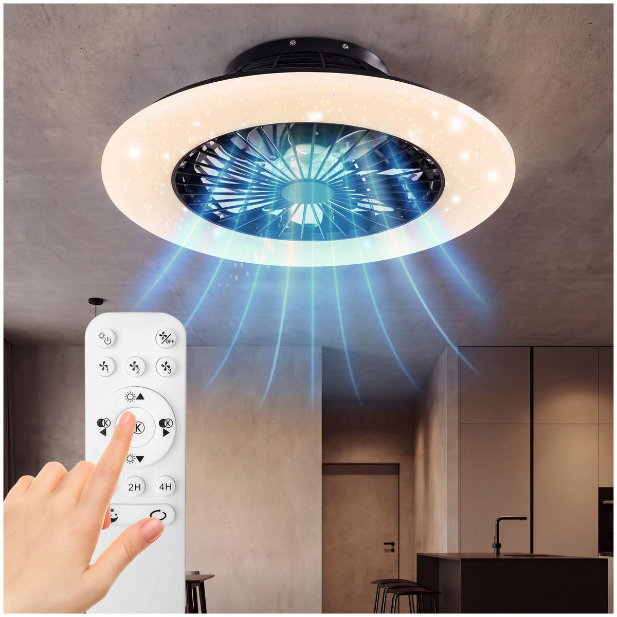 LED DECKENLEUCHTE MIT VENTILATOR Storm, Ø 50 cm, mit Fernbedienung, schwarz - Schwarz, Metall (50/50/17.5cm) - tectake