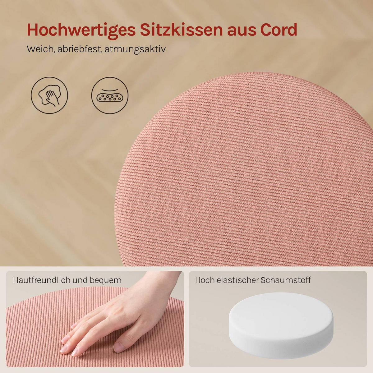 SITZHOCKER rund, drehbar, Cord-Sitzfläche, Rosa - Silberfarben/Rosa, Textil/Metall (38.5/56/38.5cm) - Woltu