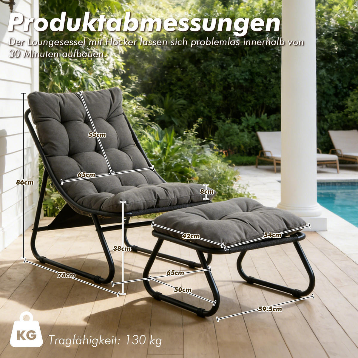 SESSELSET, Relaxsessel mit Hocker,Stahlrahmen,Polyester,Grau - Hellgrau, Kunststoff (78/86/65cm) - LVHOM
