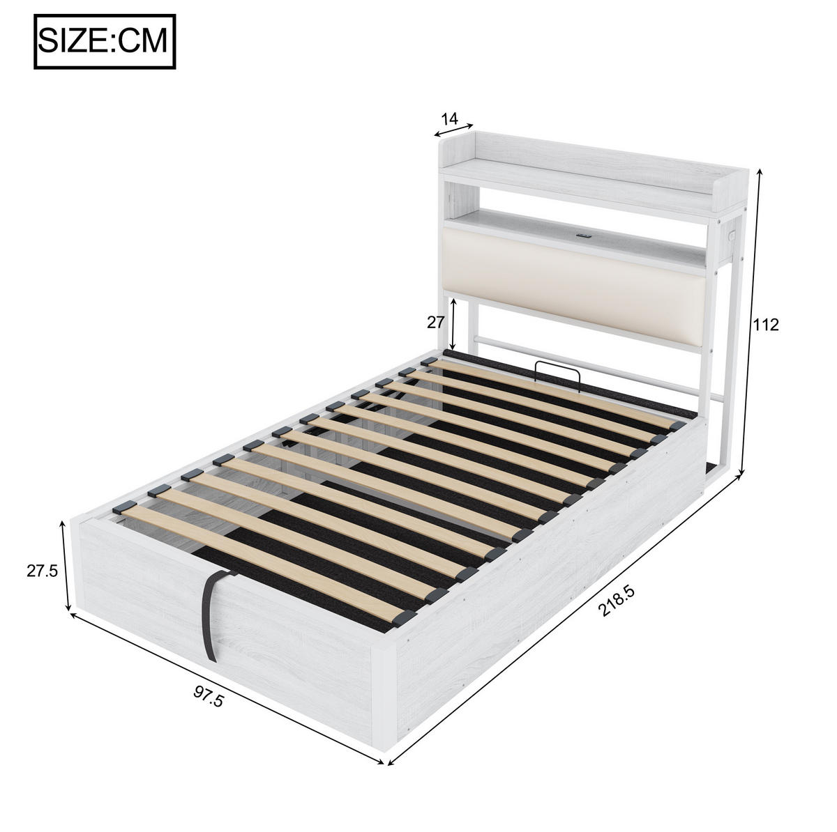 POLSTERBETT 90/200 cm Weiß aus Metall, Stoff und MDF mit Stauraum - Weiß, Metall (90/200cm) - OKMYHOME