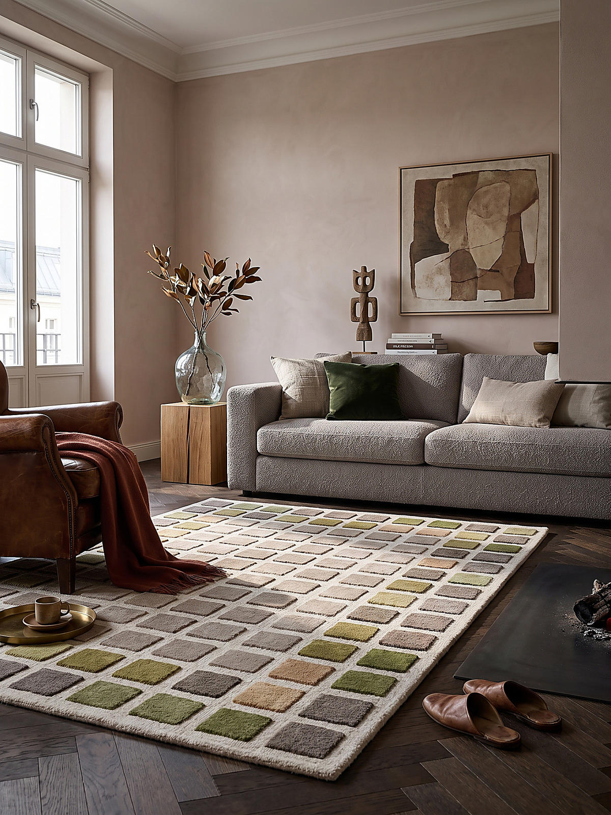 TEPPICH aus Wolle, handgetuftet, HAMPS, in Erdtöne-Grün, Quadratraster, 160 x 230 cm - Grün, Textil (160/230cm) - KADIMA DESIGN