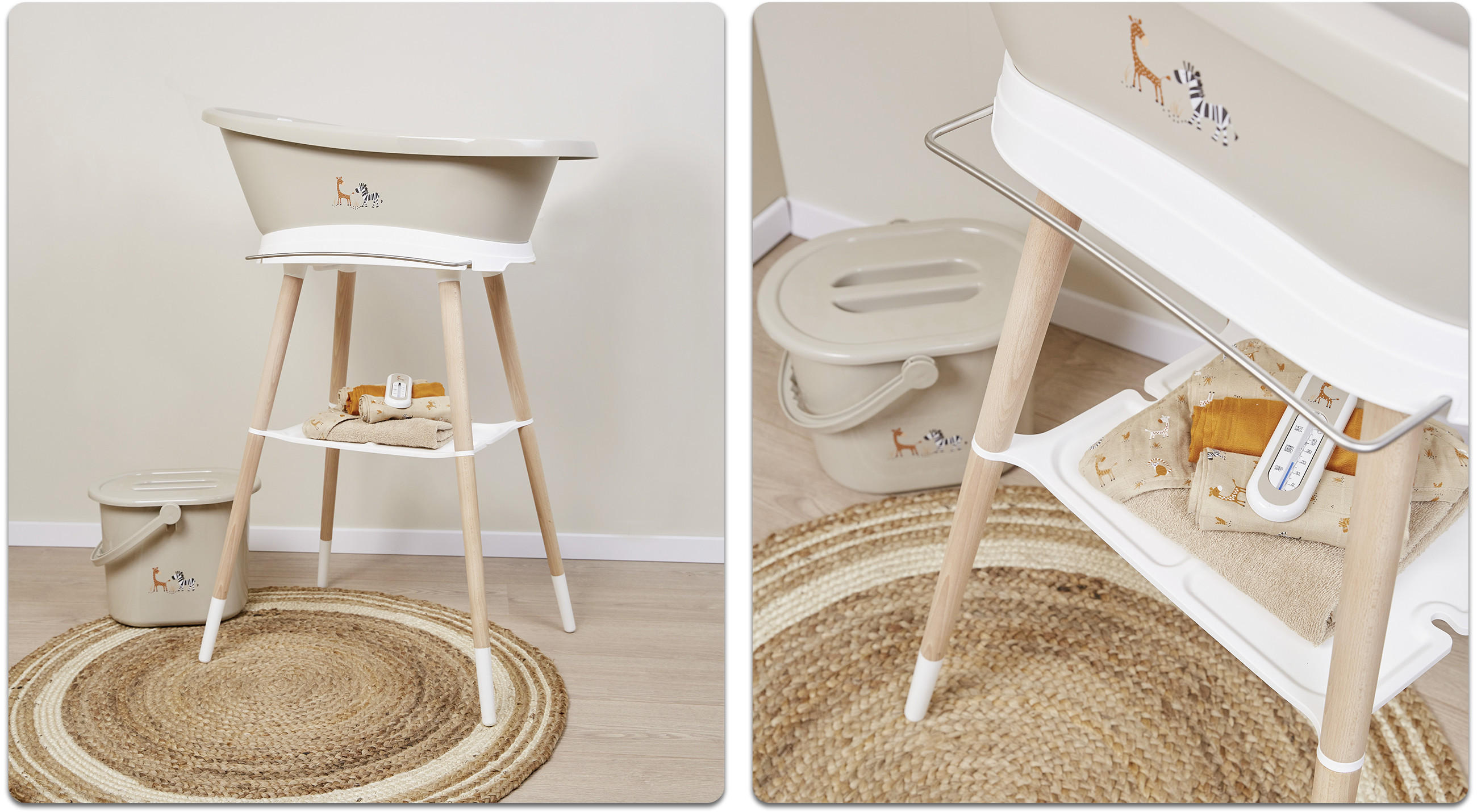 Weiße Babybadewanne mit Holzbeinen steht auf rundem Juteteppich; rechts Detailansicht mit Ablagefach und Babyutensilien darunter.