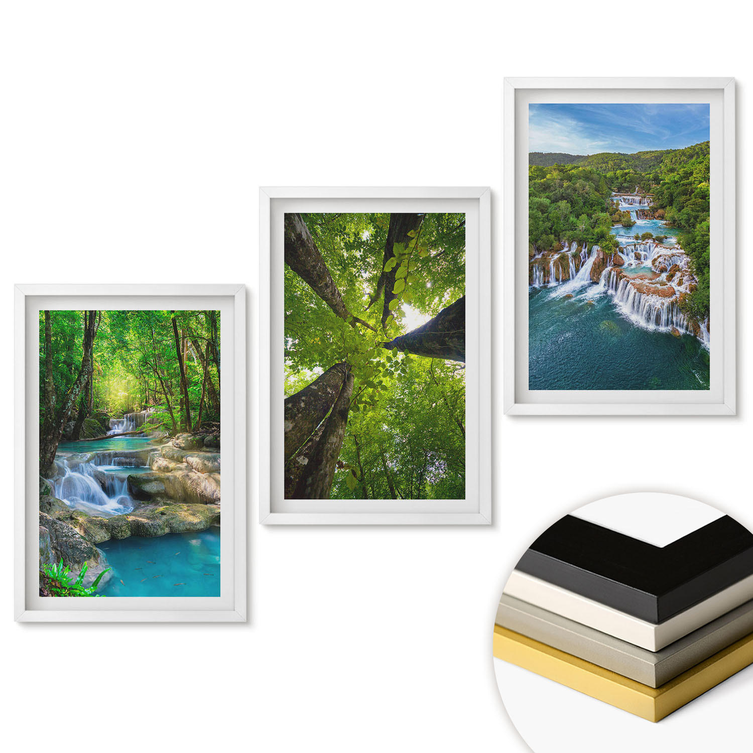 WANDBILDER 3er-Set - 40x60 cm Weißer Rahmen - Wasserfälle grüner Wald Wasser - Weiß, Kunststoff (40/60cm) - ArtPrintCave