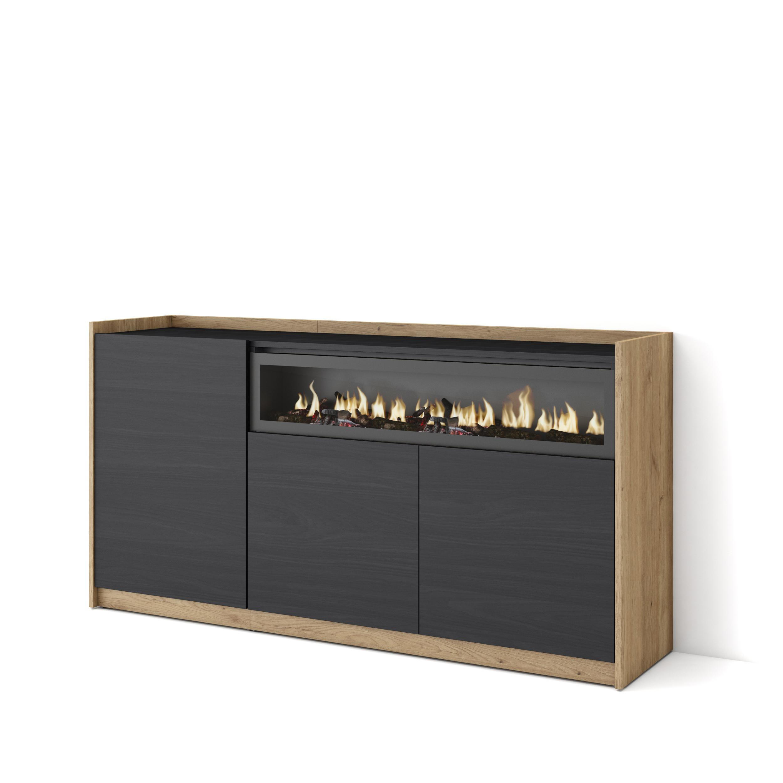 SIDEBOARD, Highboard, Schwarz Eiche, Elektrokamin, 156/37/80cm - Schwarz, Holzwerkstoff (156/80/37cm) - Skraut Home