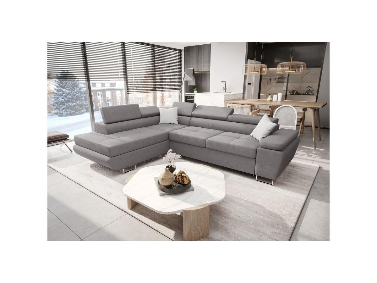 ECKSOFA KONGO RBN04, Eckcouch in L-Form mit Schlaffunktion, Farbe: Grau, Velourstoff, Ottomane Links - Grau, Textil (272/200cm) - O-Sofa