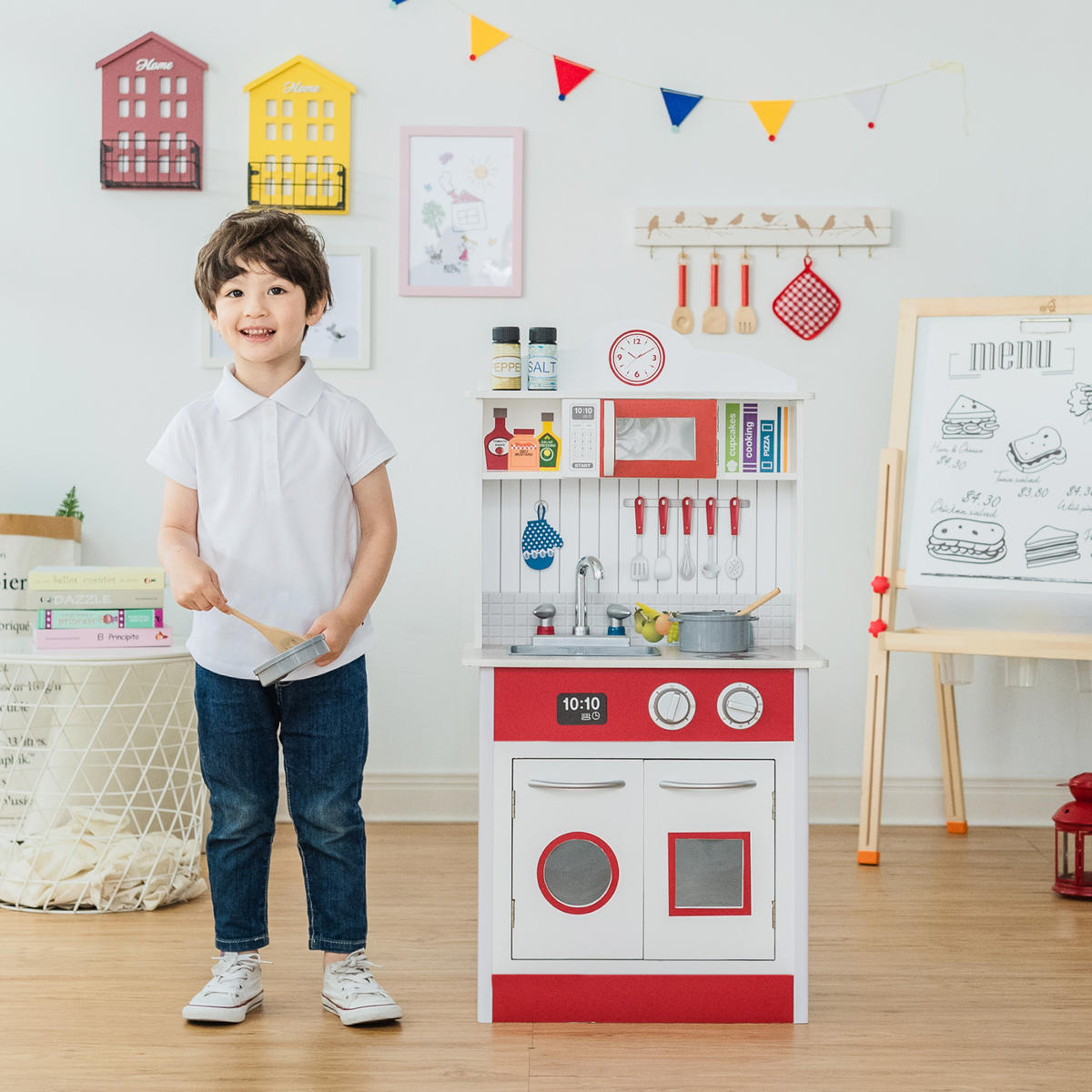 KINDERKÜCHE Spielküche, Rot/Weiß, 93cm - Rot, Holzwerkstoff (48/32/93cm) - Teamson Kids