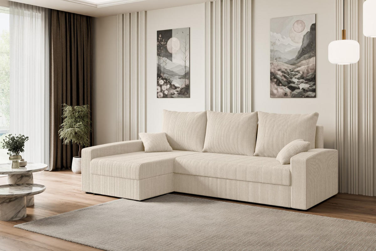 ECKSOFA mit Schlaffunktion und Bettkasten ALESIA-L 231x140x90 cm Beige Cord - Beige/Silberfarben, Holzwerkstoff/Kunststoff (231/140cm) - ALTDECOR