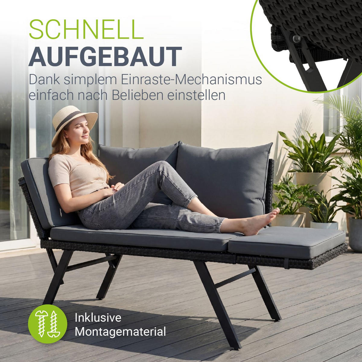 GARTENBANK Calvia klappbar schwarz/grau - Schwarz, Kunststoff/Metall - Juskys