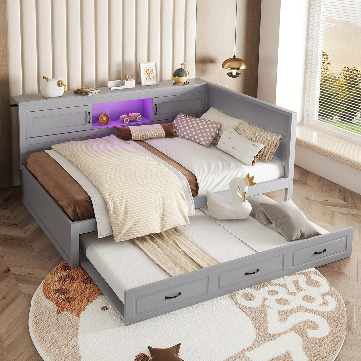 MULTIFUNKTIONSBETT 140/200 cm grau mit LED-Leuchten und ausziehbarem Bett - Grau, Holzwerkstoff (140/200cm) - OKWISH