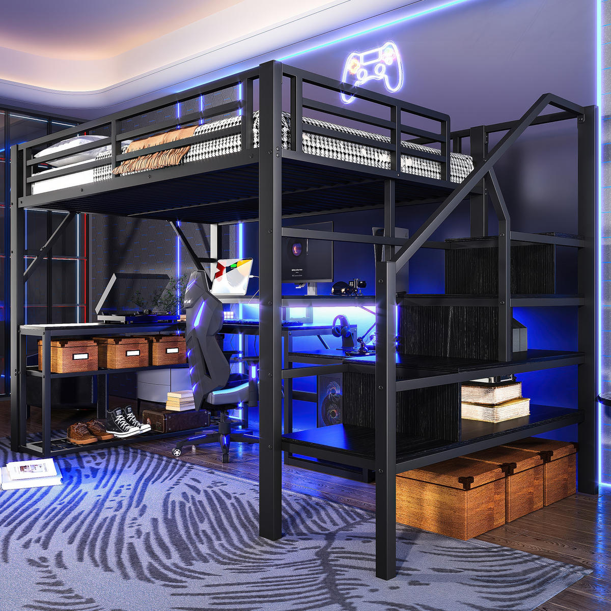 HOCHBETT 140x200cm Schwarz Metall LED-Licht Schreibtisch USB - Schwarz, Metall (140/200cm) - FLIEKS