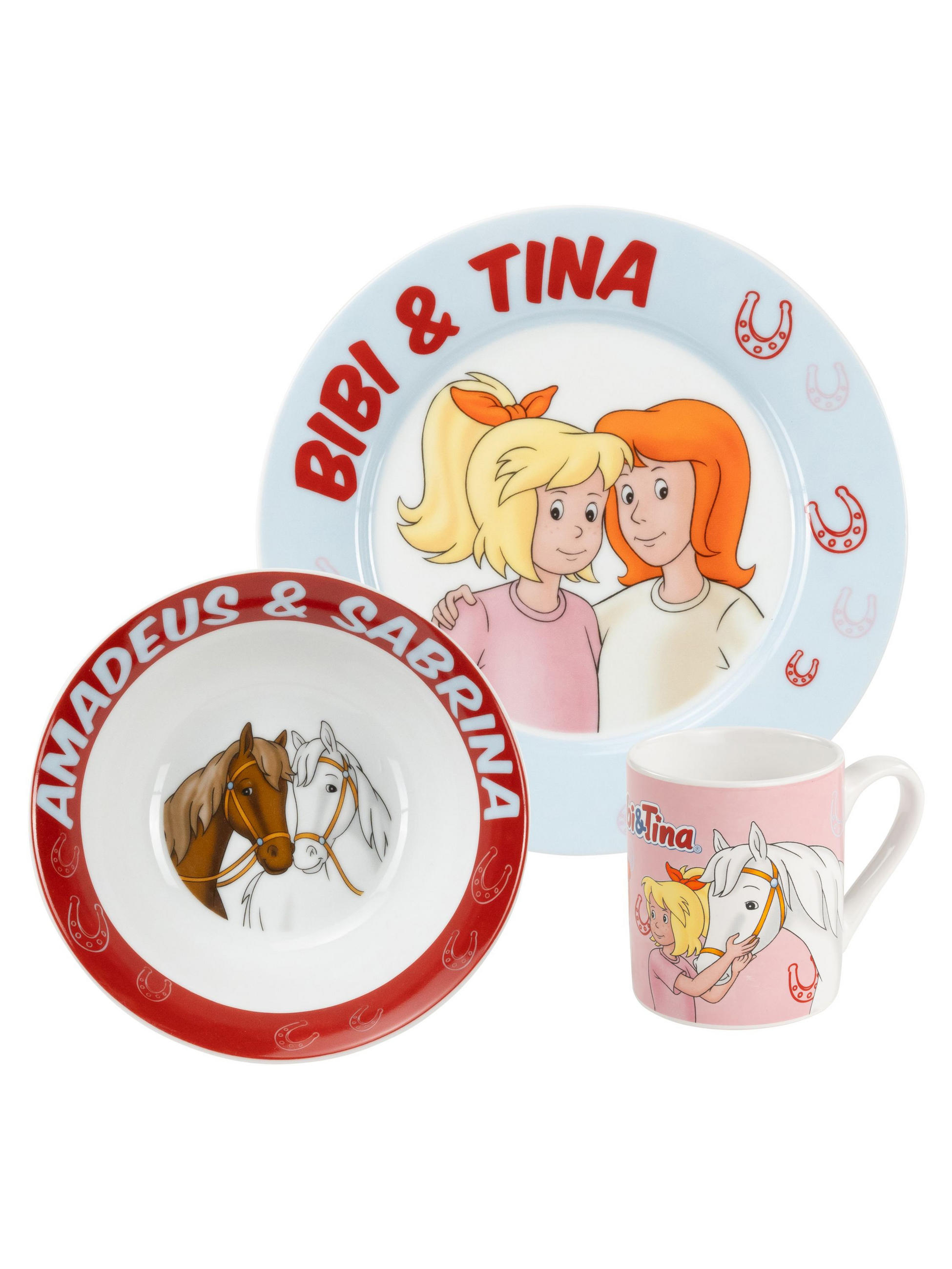 FRÜHSTÜCKSSET Bibi & Tina Pferde Rot/Blau 3-teilig - Multicolor, Keramik (23.8/11.2/23.3cm) - United Labels