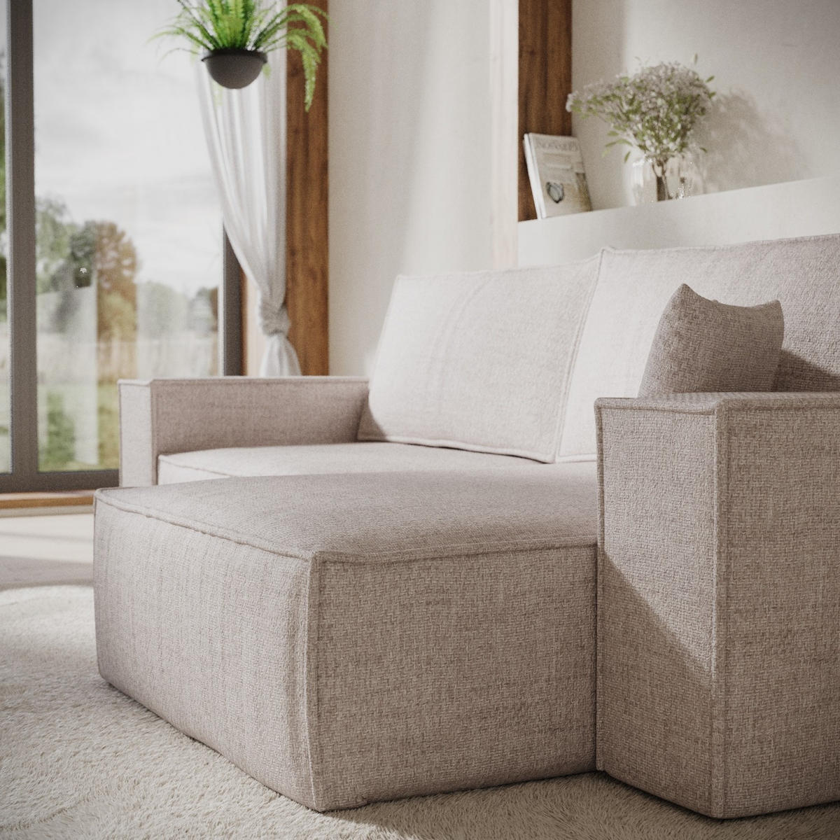 ECKSOFA CAVO mit Schlaffunktion Hellbeige im Neve Stoff - Sandfarben/Schwarz, Holz/Holzwerkstoff (255/148cm) - AltaBeds