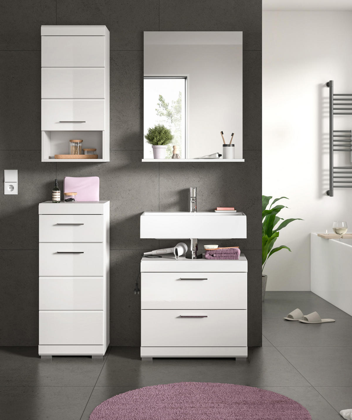 BADMÖBEL-SET weiß Hochglanz 4-teilig 112 cm, Komplettset mit viel Stauraum - Weiß Hochglanz, Glas/Holzwerkstoff (112/191/37cm) - Inn.Furn