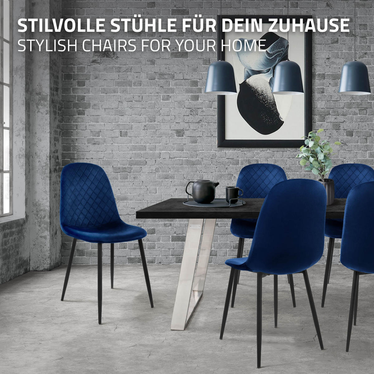 ESSZIMMERSTÜHLE 4er Set Dunkelblau Samt - Schwarz/Dunkelblau, Textil/Metall (51/89/44cm) - ML-DESIGN