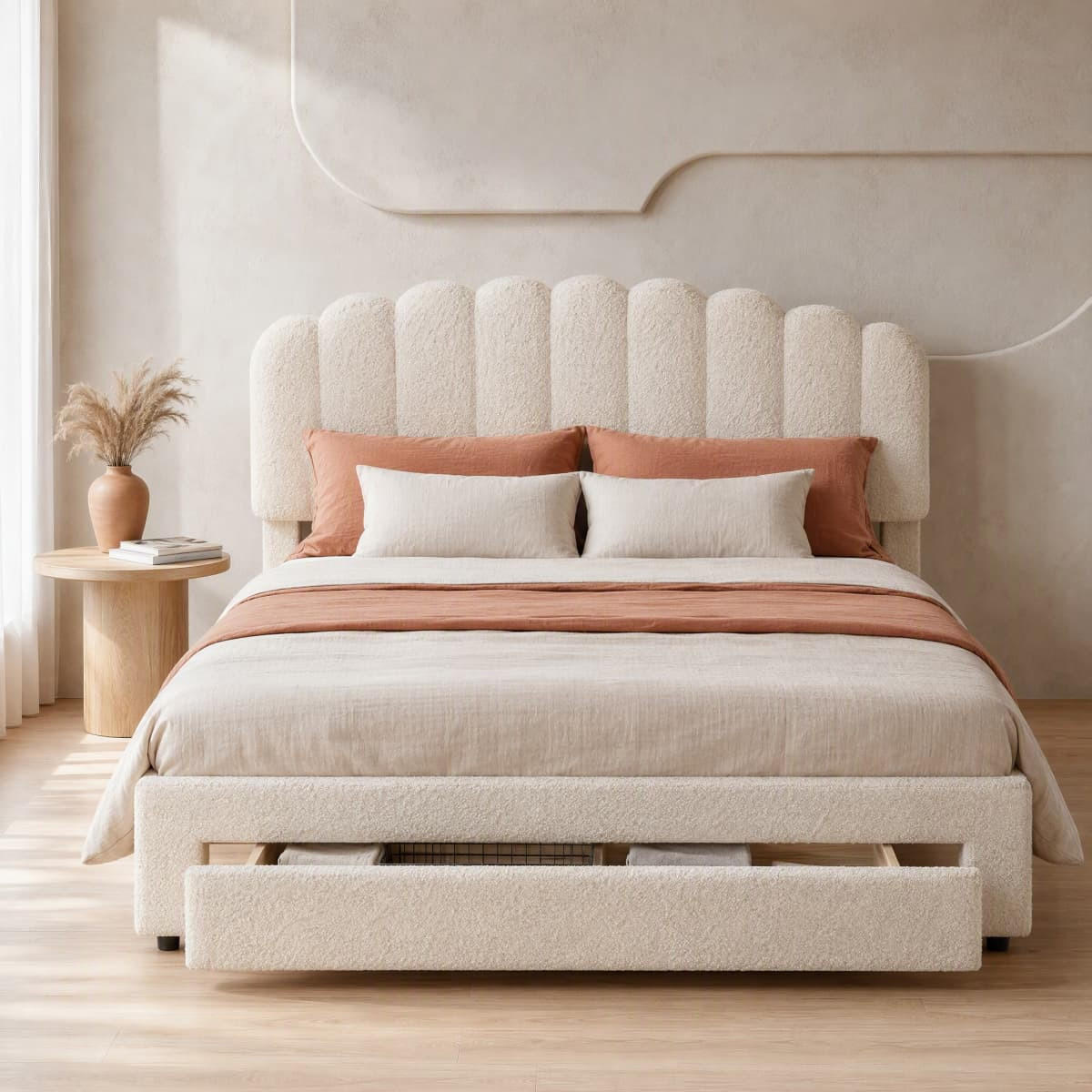 POLSTERBETT 140x200cm beigefarbenes Teddybär-Plüsch-Doppelbett mit USB-Anschluss und Schubladen. - Beige, Textil (140/200cm) - CASIVA