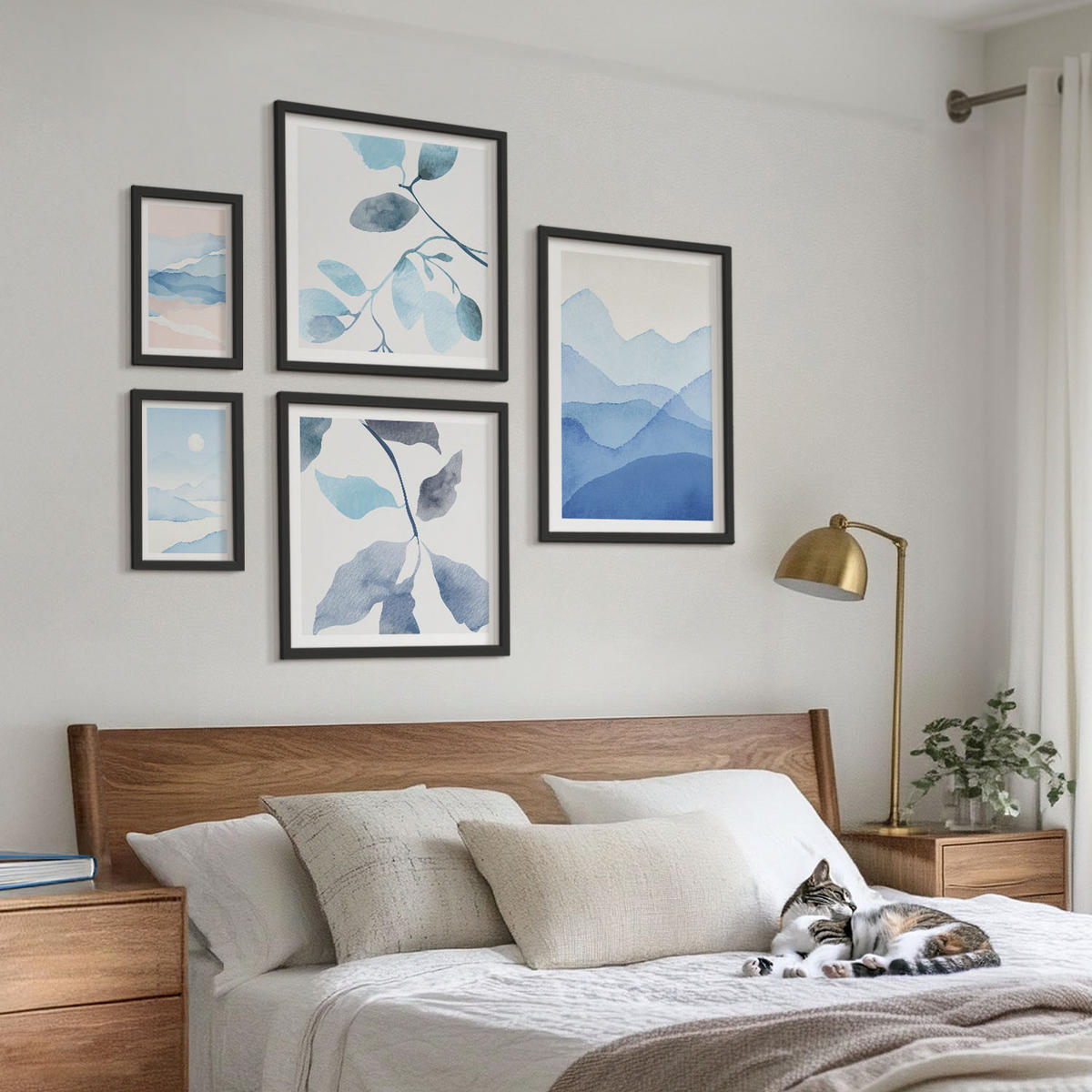 WANDBILDER 5er-Set - 50x50 cm & 20x30 cm & 40x60 cm Schwarzer Rahmen - Berglandschaften, Aquarellpflanzen - Schwarz, Kunststoff (40/60cm) - ArtPrintCave