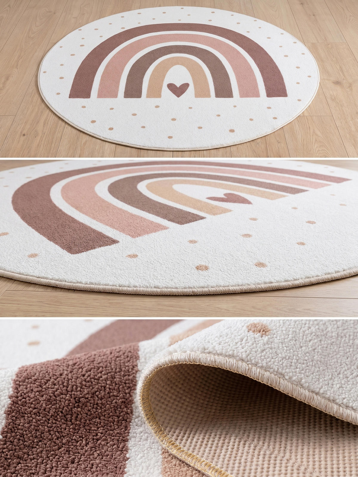 SPIELTEPPICH Waschbar TINO in Creme, mit Regenbogen- und Herz-Motiv, Ø 120 cm - Beige, Textil (120/120cm) - KADIMA DESIGN
